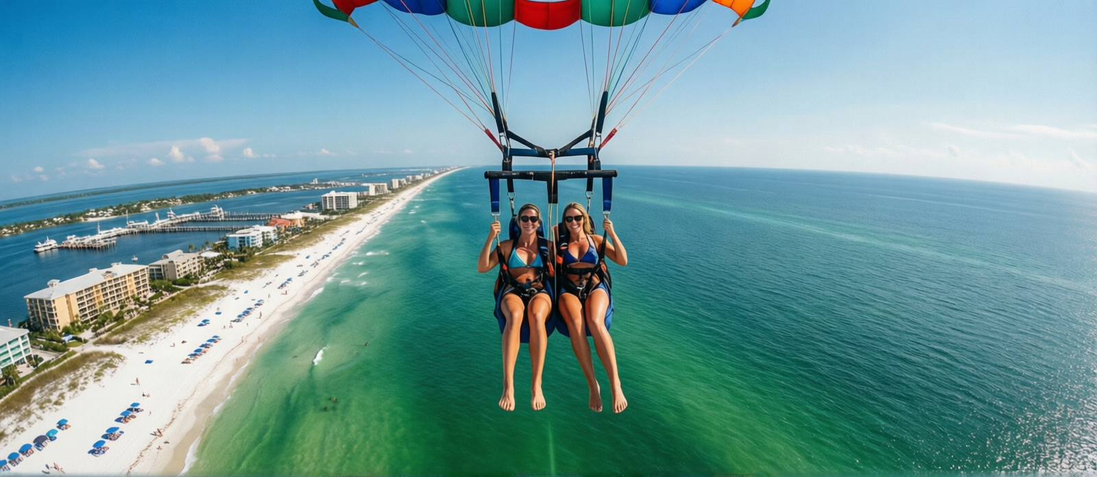 Couple parasailing high above the emerald green Gulf of Mexico near Destin Florida with the harbor visible below on a clear summer day