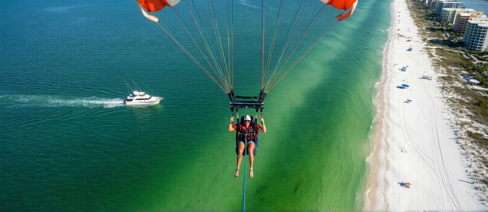 Looking down from 400 feet while parasailing over the emerald Gulf of Mexico near Destin Florida, a boat and white sand beach far below