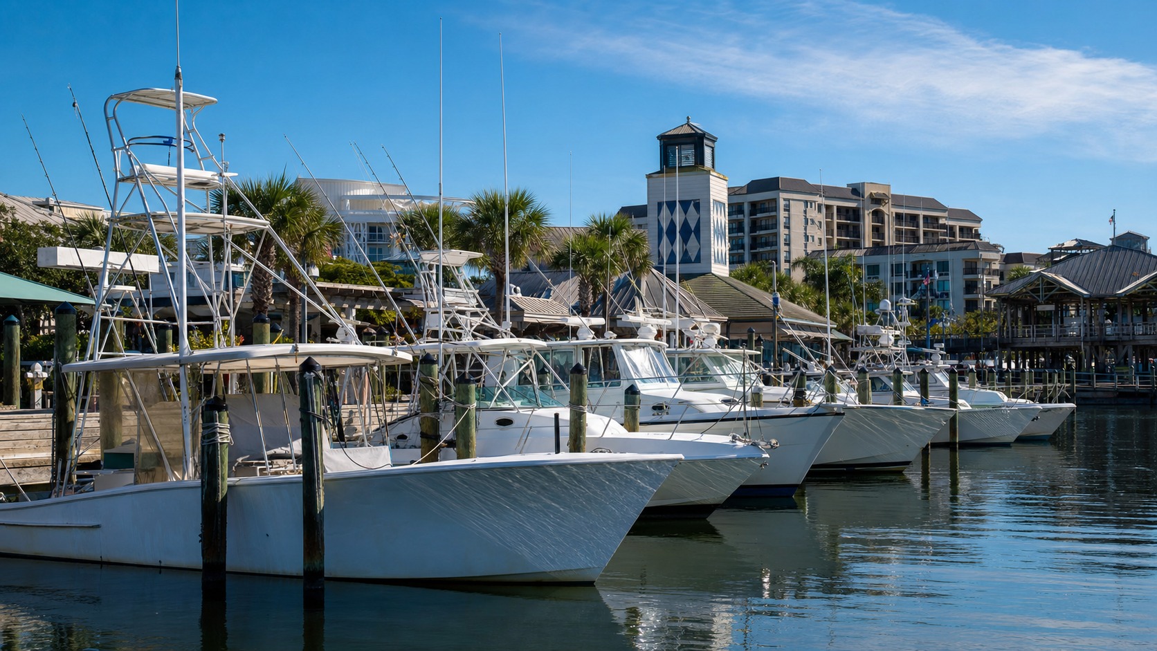 Rows of colorful fishing charter boats docked at HarborWalk Village marina in Destin Florida on a bright summer morning