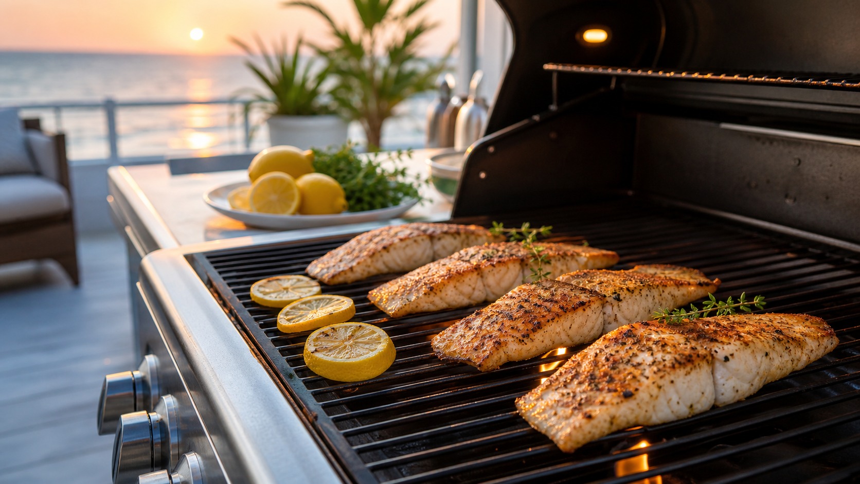 Fresh red snapper fillets grilling on an outdoor barbecue at a vacation rental in Destin Florida, lemon slices and fresh herbs visible