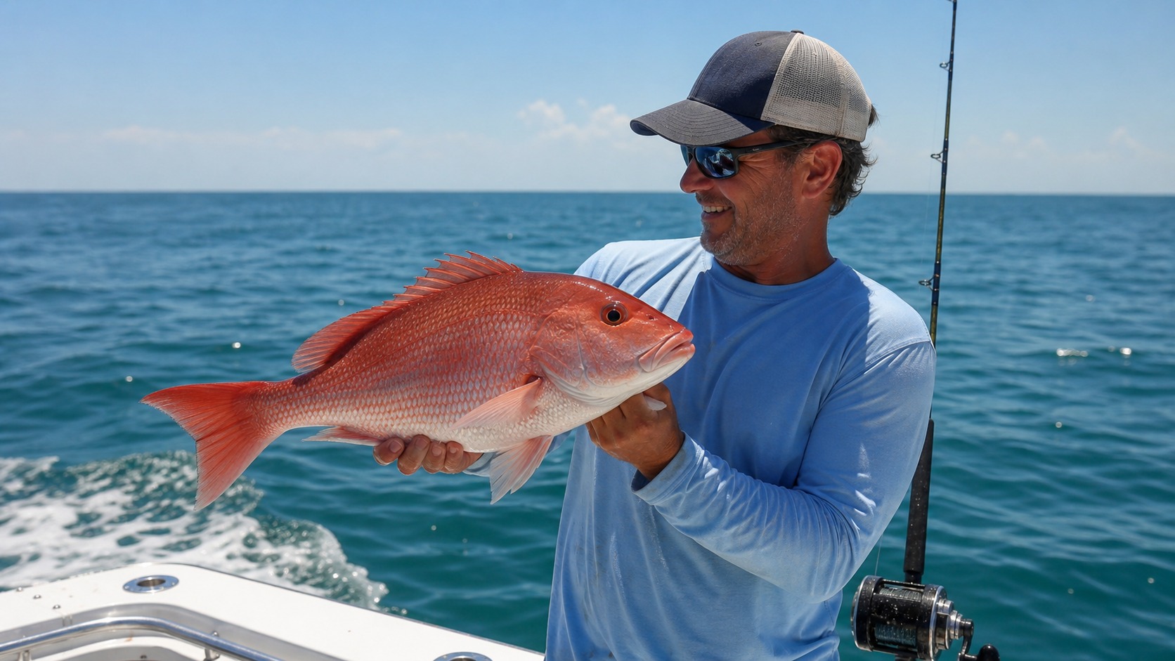 Happy angler holding up a large bright-red snapper on a deep sea fishing charter in the Gulf of Mexico off Destin Florida