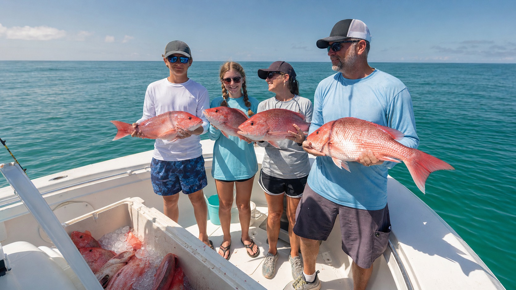 Anglers holding up large red snapper catches on a fishing charter boat in Destin Florida, summer morning