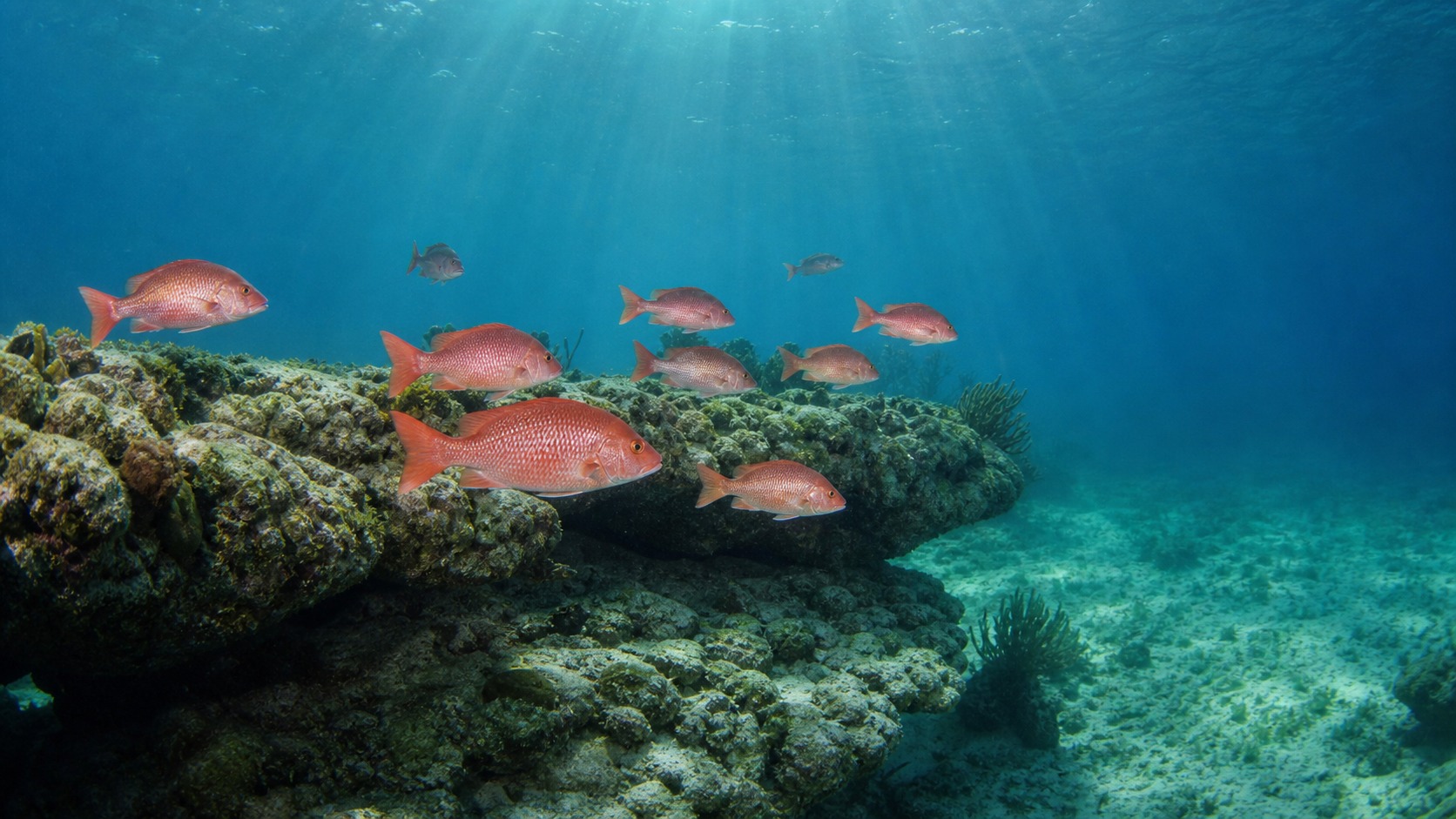 School of red snapper swimming around a natural limestone reef structure in clear Gulf of Mexico water off Destin Florida