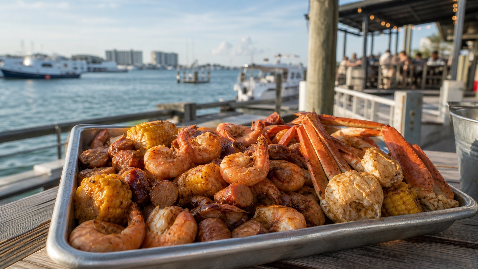 Outdoor waterfront seafood restaurant in Destin Florida serving a low country boil spread of Gulf shrimp, crab, corn and sausage on newspaper-lined trays with harbor boats visible in background