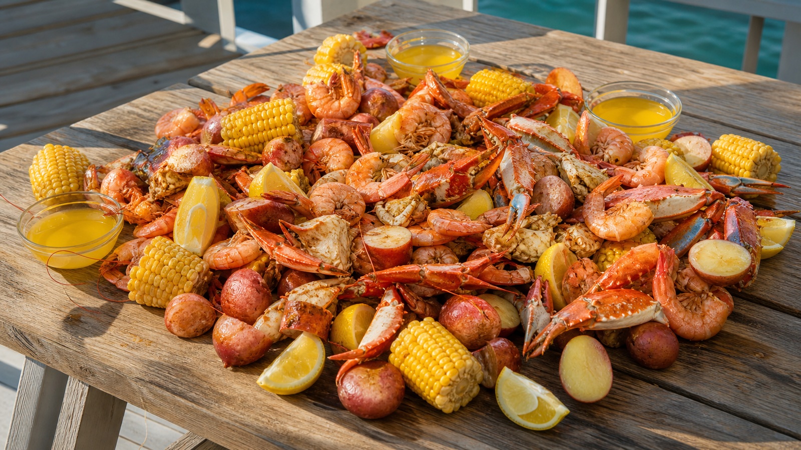 Finished Gulf Coast seafood boil spread laid out on newspaper on an outdoor picnic table — piles of bright pink Gulf shrimp, blue crab claws, yellow corn on the cob, red potatoes, andouille sausage slices, lemon wedges, and cups of melted butter, viewed from above