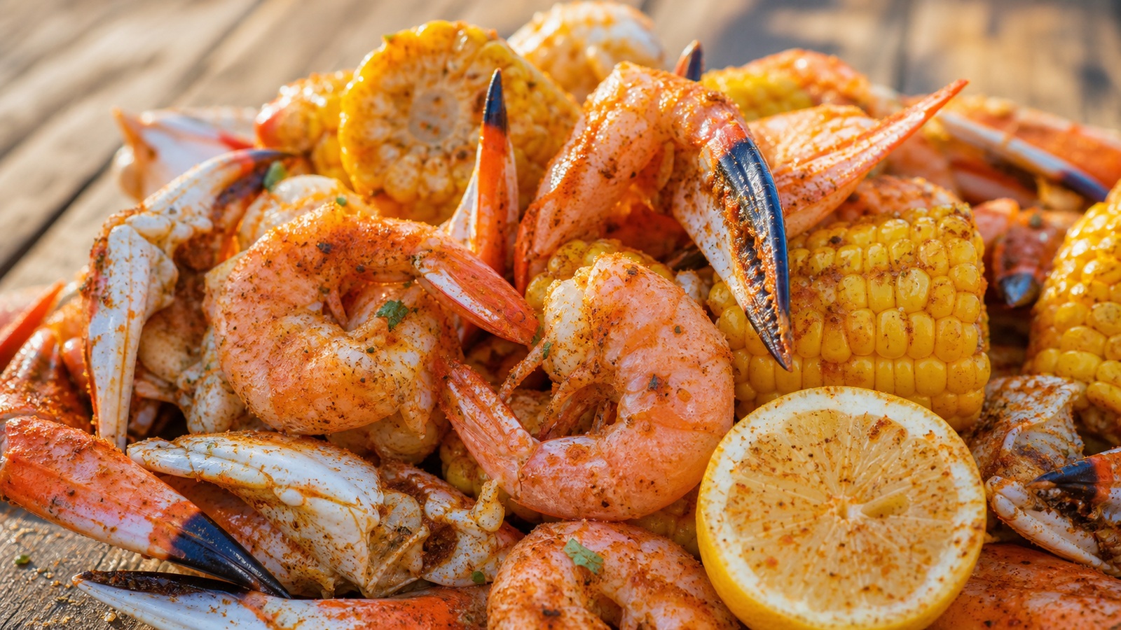 Close-up of perfectly cooked Gulf Coast shrimp and blue crab claws from a seafood boil, pink and glistening with Old Bay seasoning, lemon wedges alongside on a wooden surface