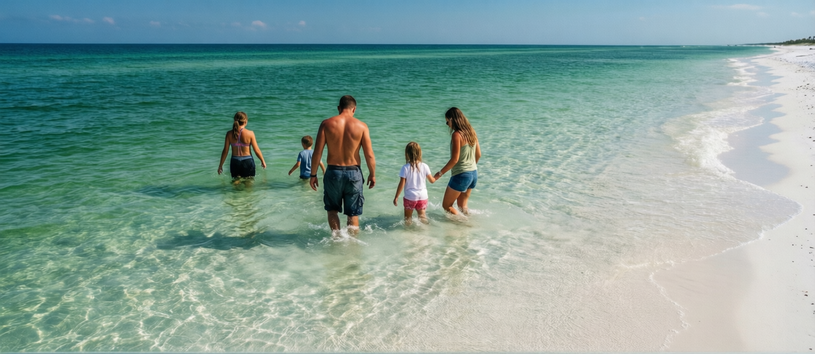 Family wading in crystal-clear shallow emerald Gulf water at Topsail Hill Preserve beach, white sand visible underwater, no buildings on the horizon