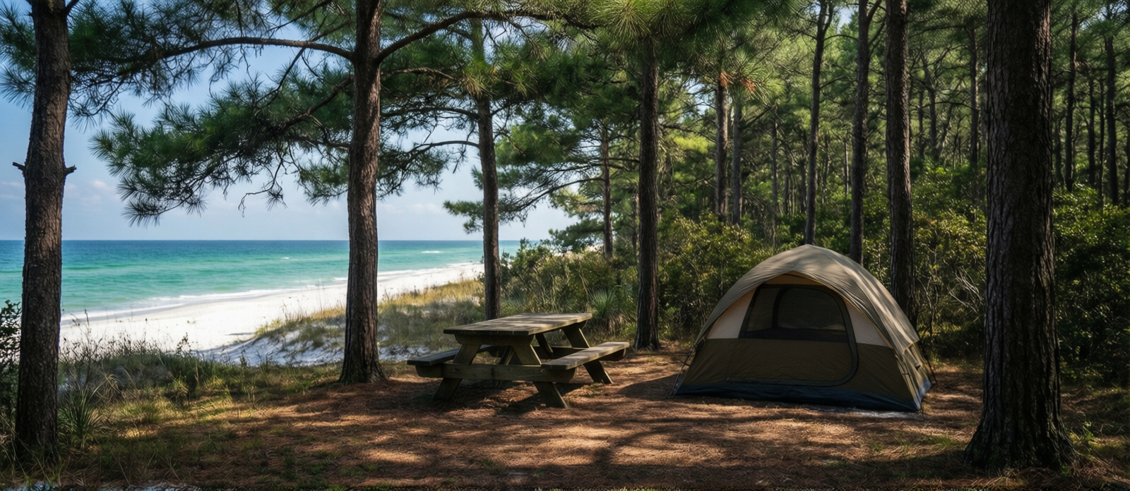 Shaded campsite at Topsail Hill Preserve State Park, longleaf pines overhead, dappled morning light, small tent and picnic table visible, peaceful coastal scrub forest in background