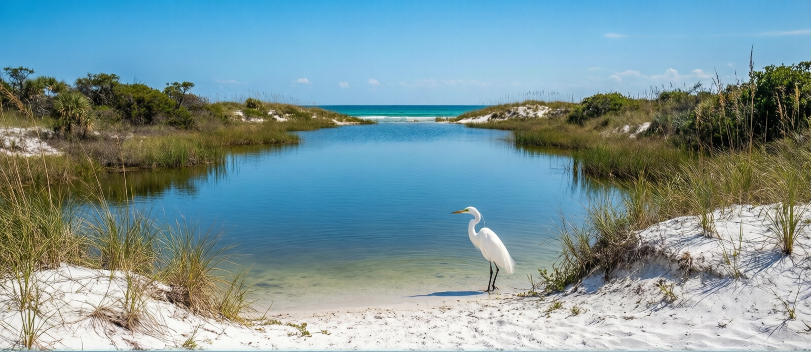 Rare coastal dune lake at Topsail Hill Preserve State Park, glassy freshwater reflecting blue sky, white sand dunes and coastal scrub vegetation on the edges, great egret wading at the shore
