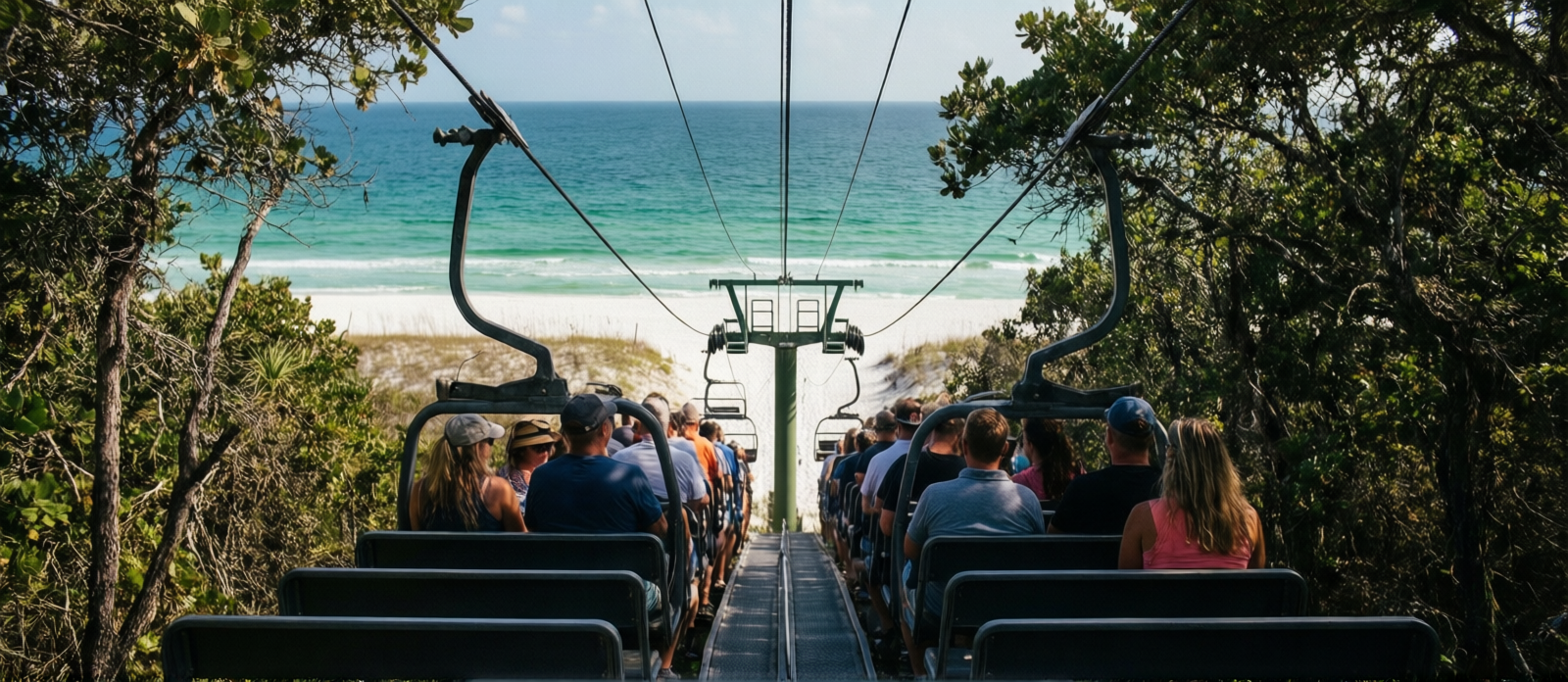 The Topsail Hill Preserve State Park tram carrying visitors through shaded coastal scrub toward the beach on a sunny Florida morning