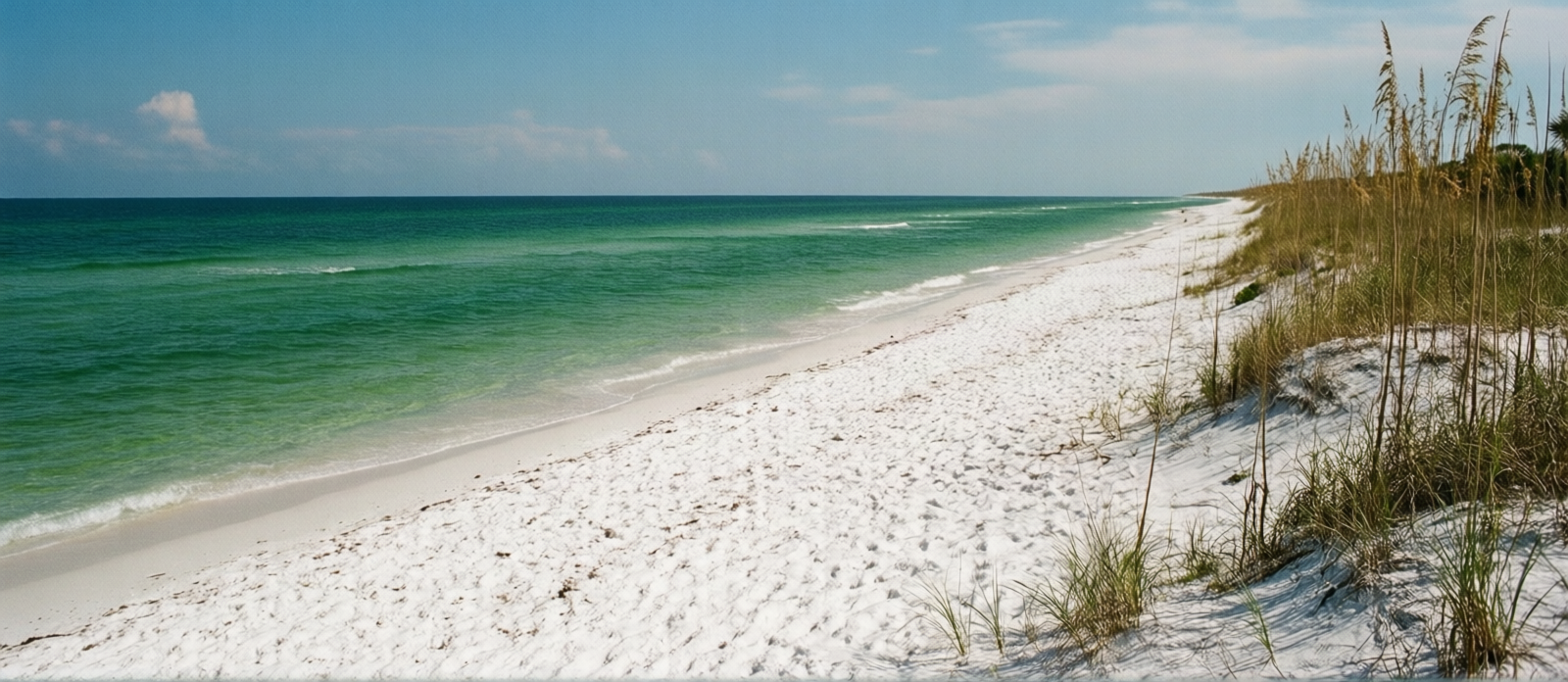 Pristine undeveloped white sand beach at Topsail Hill Preserve State Park, emerald-green Gulf water, tall coastal dunes, no buildings visible