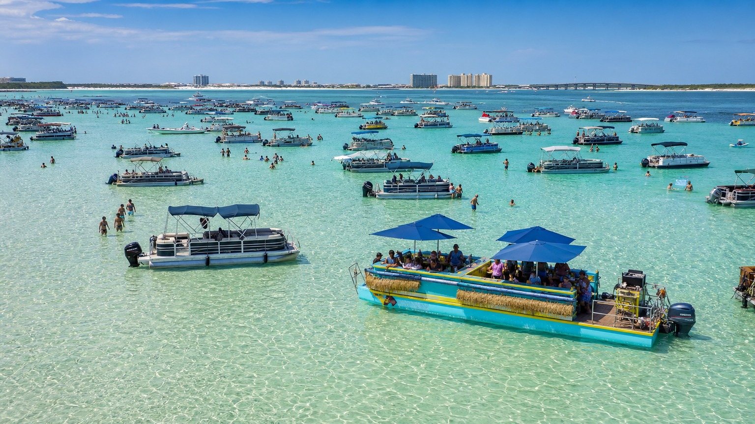 Dozens of pontoon boats anchored in clear shallow water at Crab Island Destin on a bright summer day with a colorful floating vendor tiki boat alongside