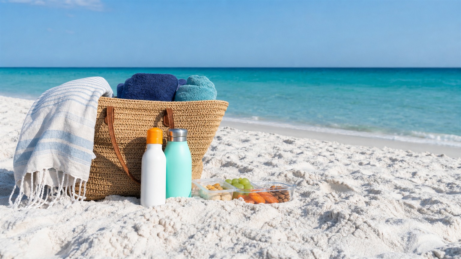 Well-stocked beach bag with towels, sunscreen, water bottles, and snacks laid out on white sand at Destin with emerald water behind